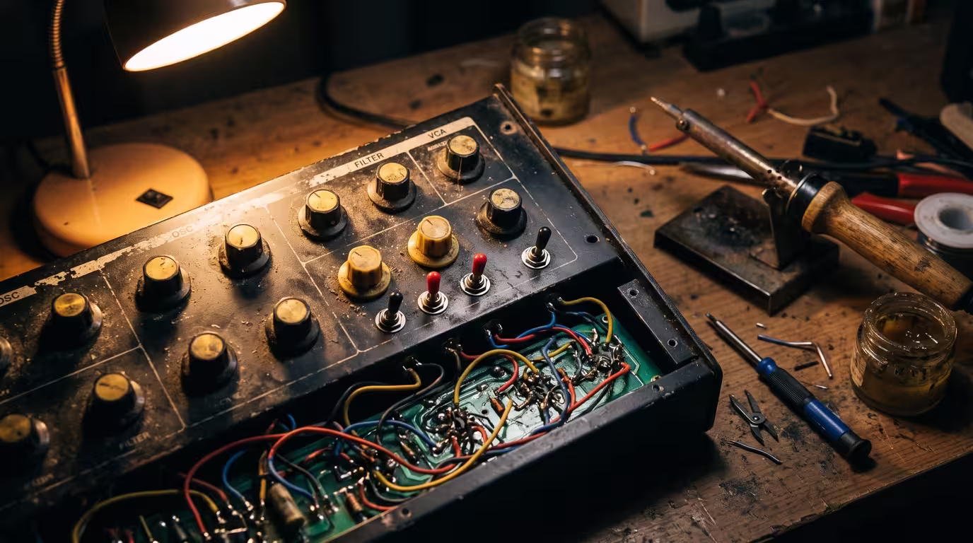 Close-up of a modified vintage synthesizer with exposed circuitry and hand-soldered wiring