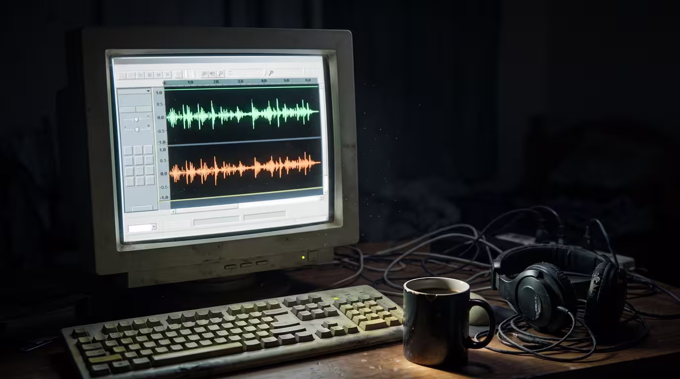 An old CRT monitor showing an audio waveform in a dark room