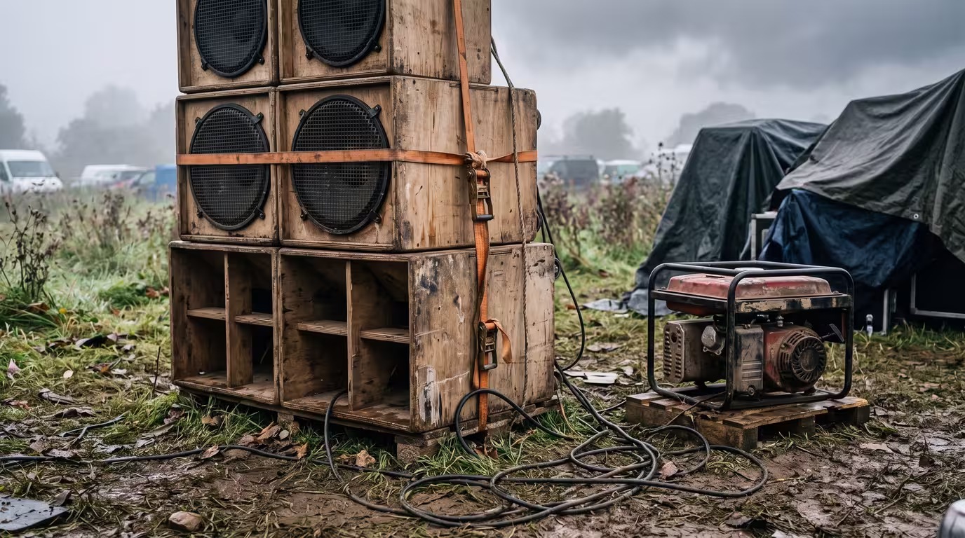 A homemade plywood speaker stack beside a generator on muddy grass