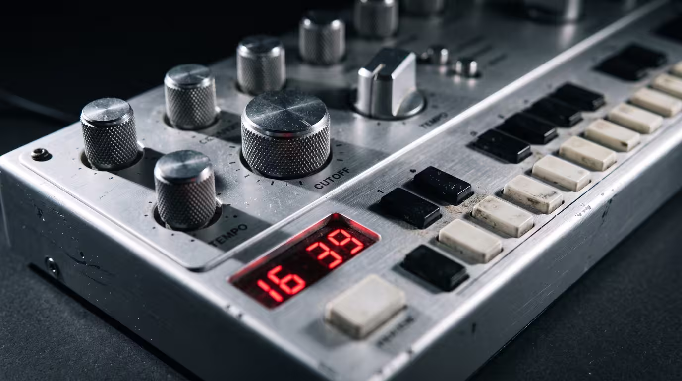 Close-up of a vintage silver bassline synthesizer's knobs and red LED display in hard light