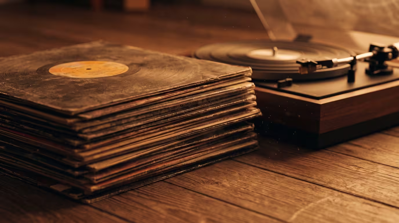Dusty 1970s disco vinyl records stacked beside a turntable under warm light