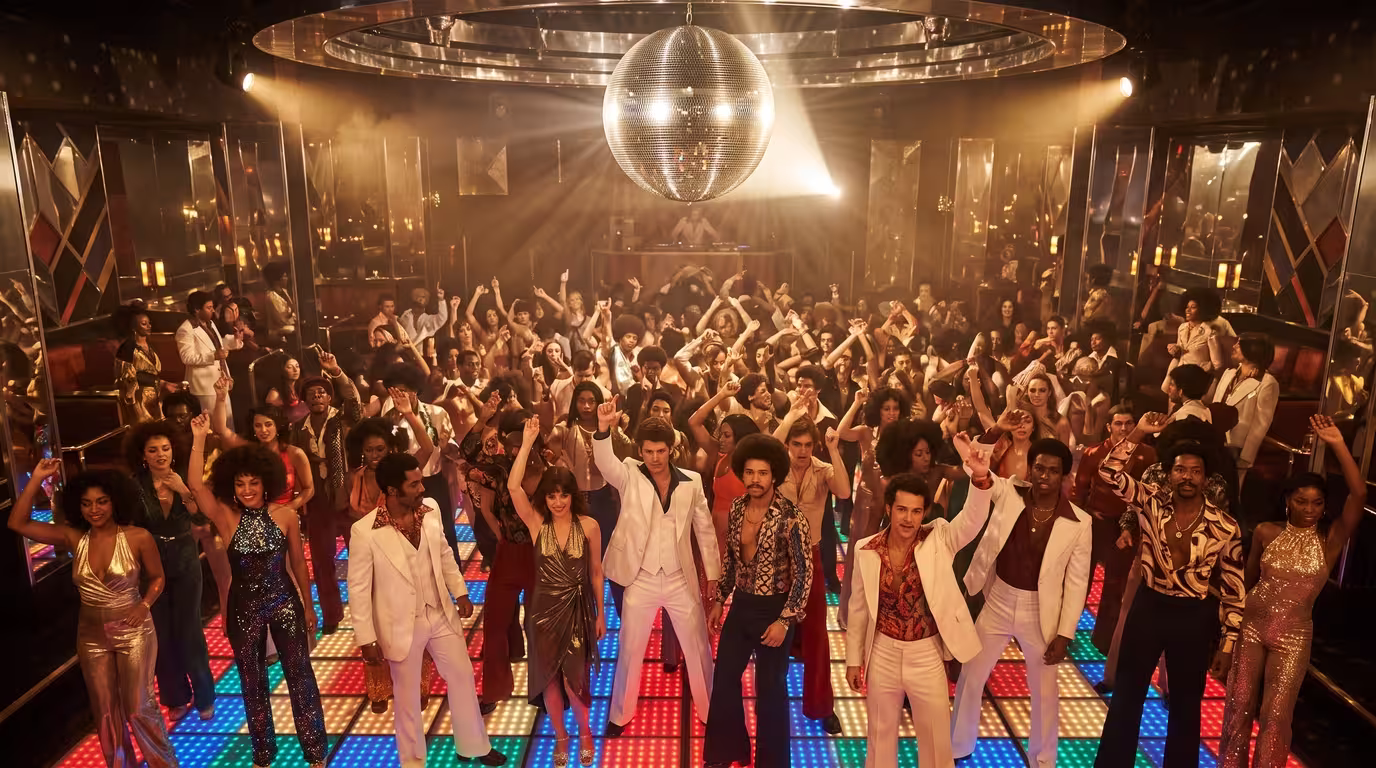 A crowded 1970s discotheque dancefloor lit by a mirrorball