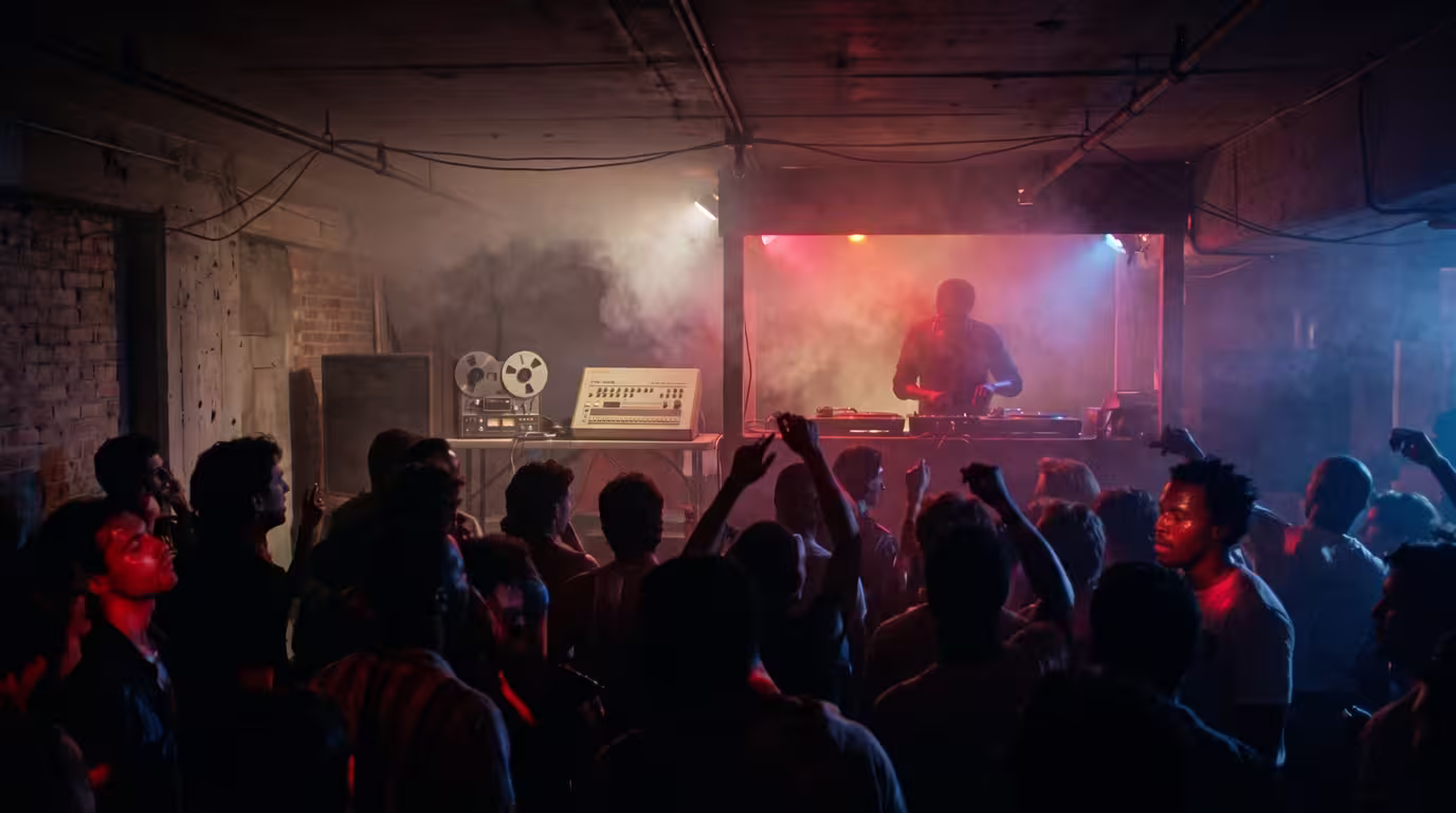 A dark, crowded 1980s warehouse club with a small DJ booth