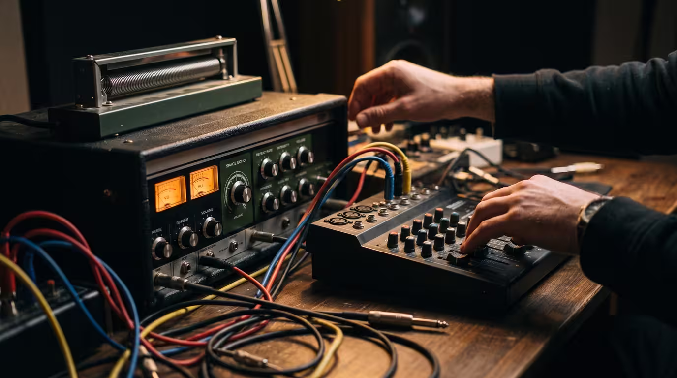 Hands on the faders of a small analog mixing desk beside a vintage tape echo unit in a dark studio