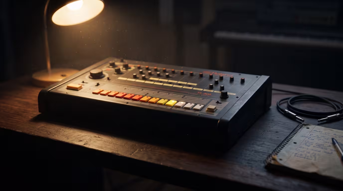 Close-up of a Roland TR-808 drum machine under a desk lamp