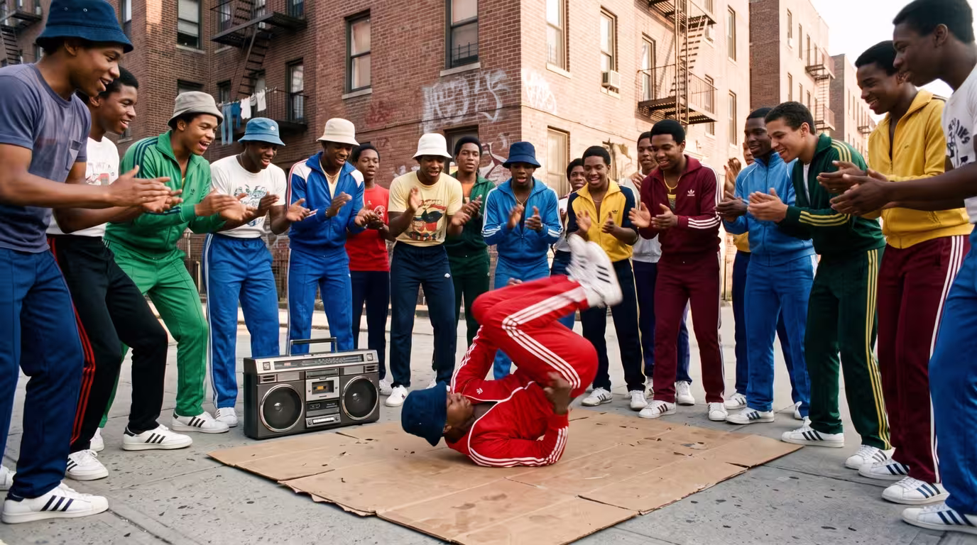 A b-boy breakdancing in a street cypher surrounded by a 1980s crowd