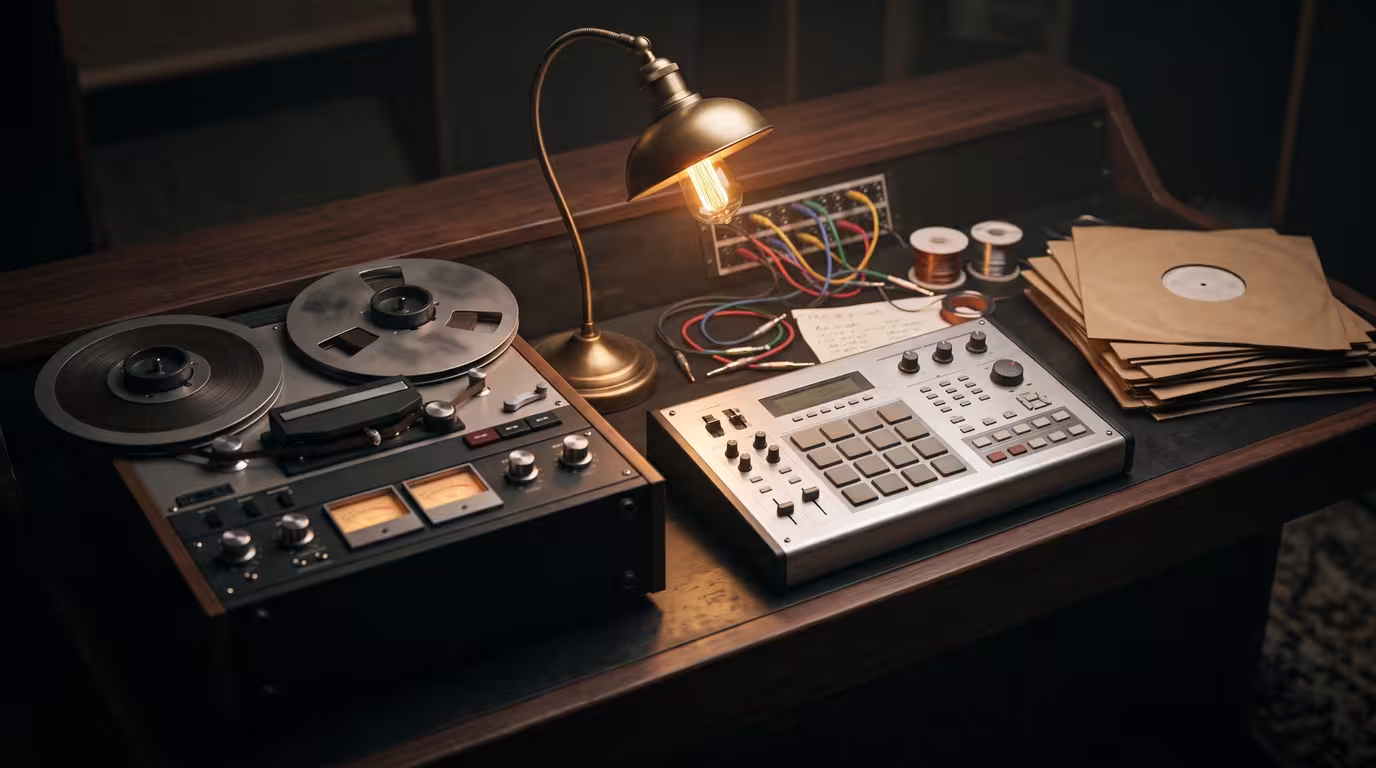 A reel-to-reel tape deck and a drum machine on a cluttered console under one lamp