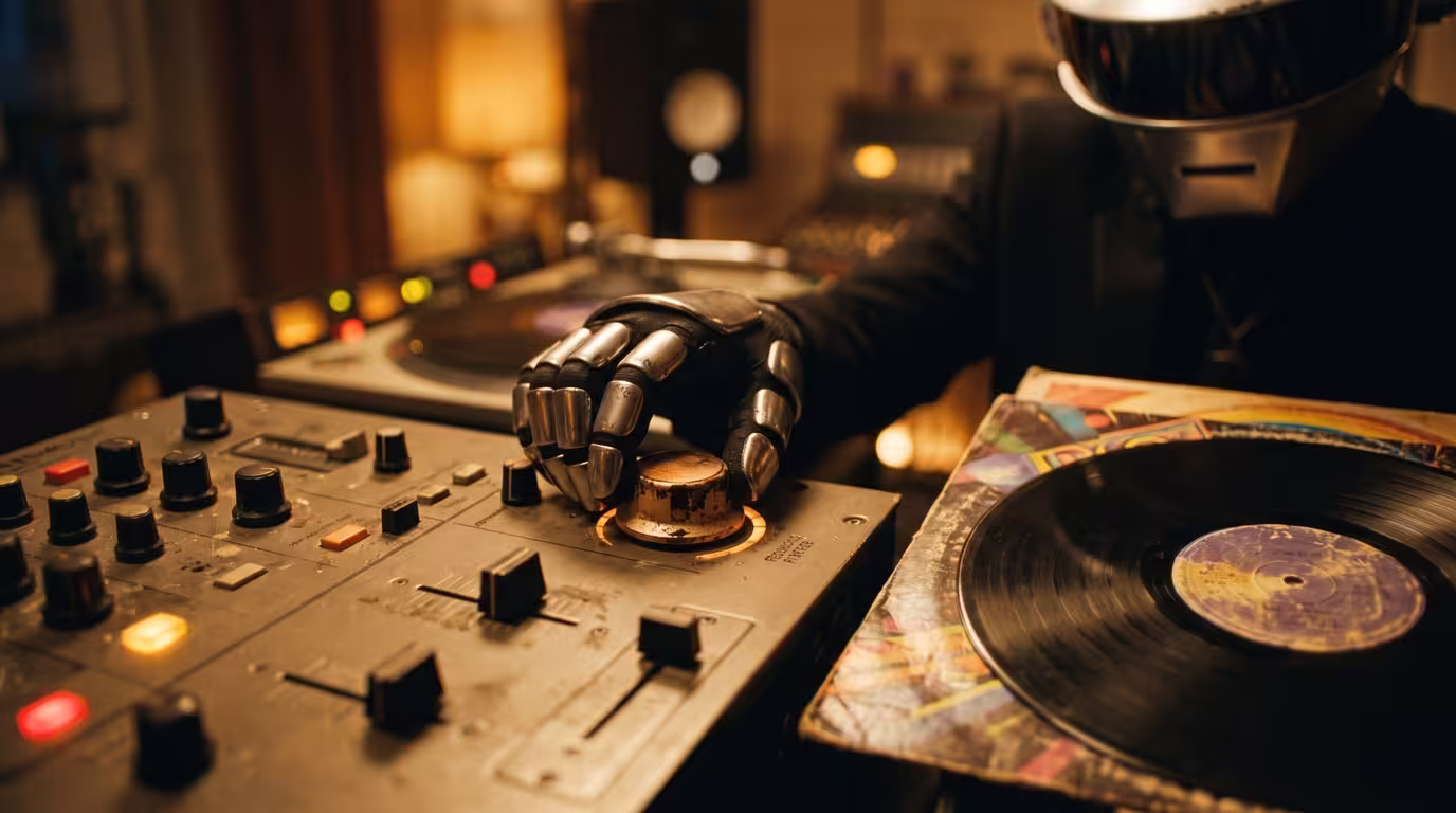 Close-up of a vintage sampler, mixing desk and a disco vinyl record in a warm home studio