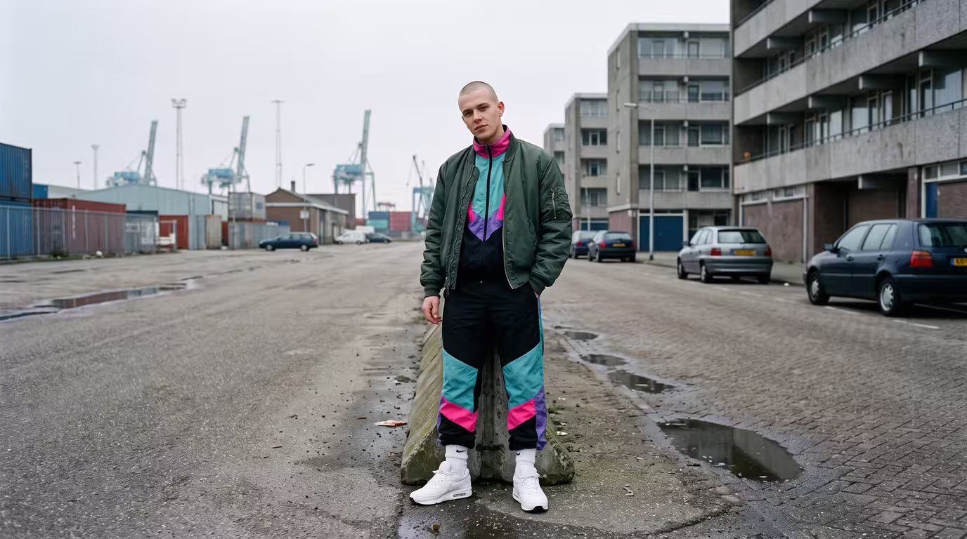 Young person with shaved head in a tracksuit and bomber jacket on a grey Rotterdam street