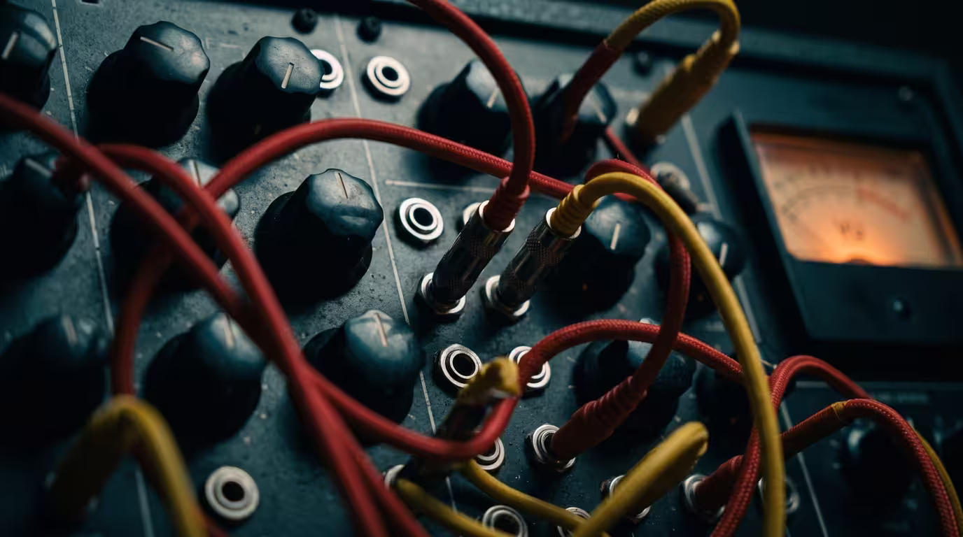 Close-up of a vintage modular synthesizer's patch bay and glowing meters