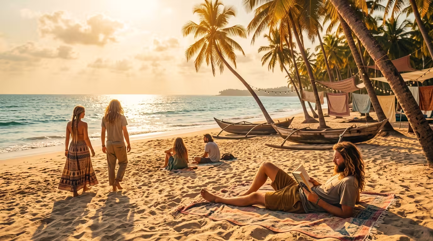 Daytime view of a palm-fringed Goa beach with travellers and the Arabian Sea