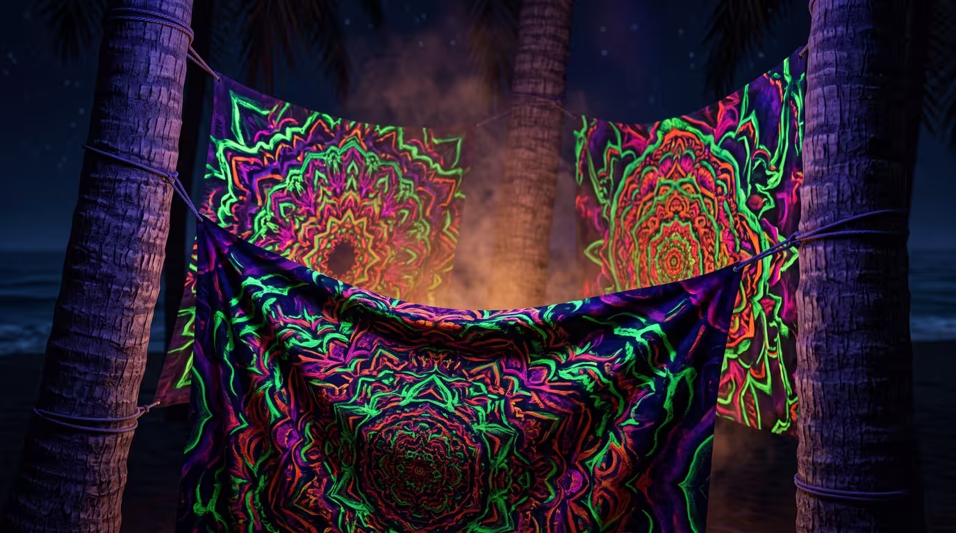 Fluorescent UV-painted psychedelic decor glowing between palm trees at night
