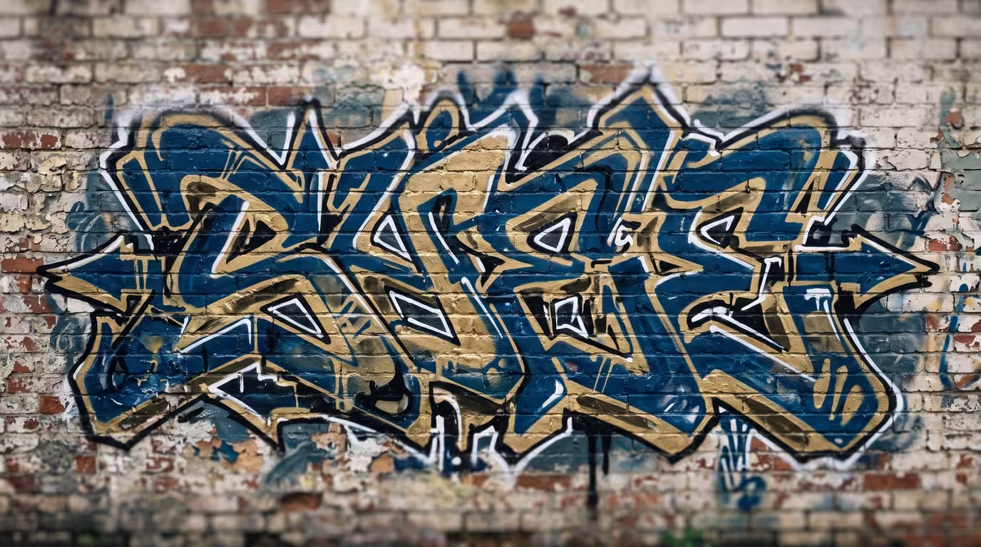 A spray-painted wildstyle graffiti piece on a weathered brick wall in daylight