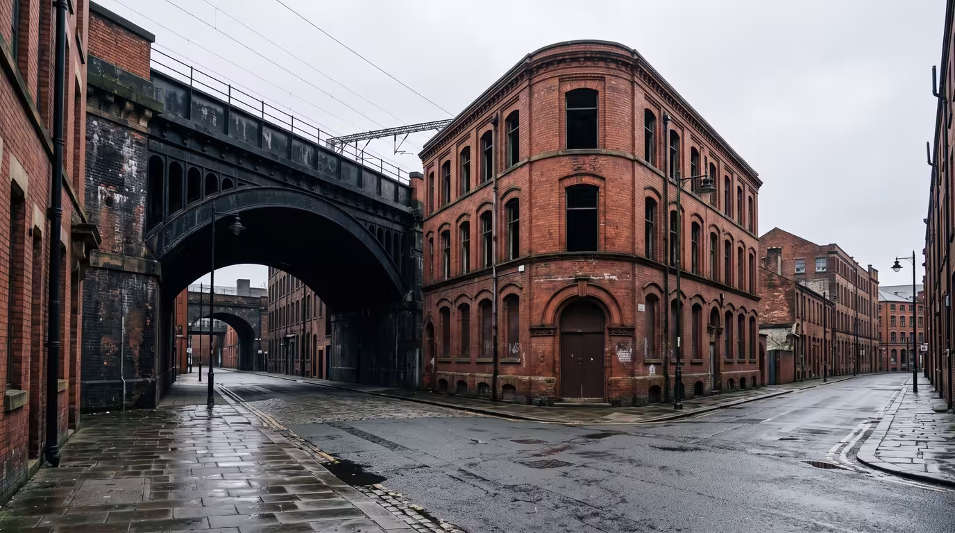 Daylight view of a red-brick Manchester warehouse and railway viaduct in an industrial district