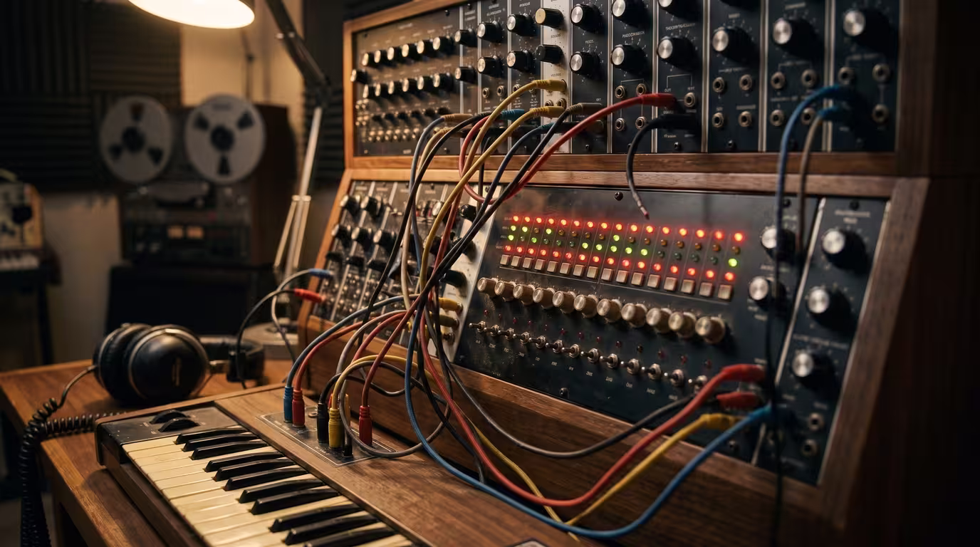 A vintage analog synthesizer and sequencer in a 1980s studio under warm light