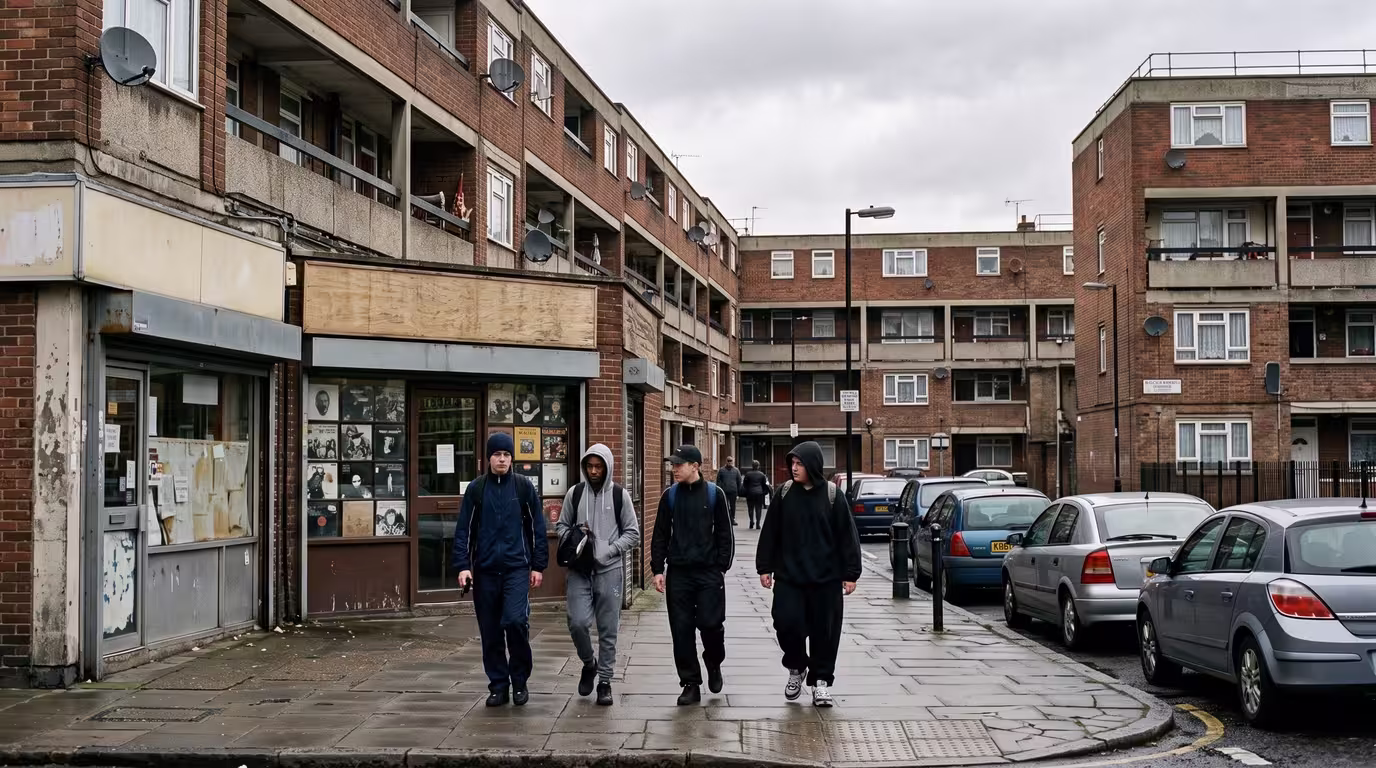 An overcast East London council-estate street with low-rise housing and a corner record shop