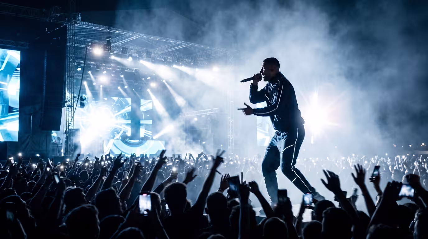 A grime MC performing to a huge festival crowd at night under bright stage lights