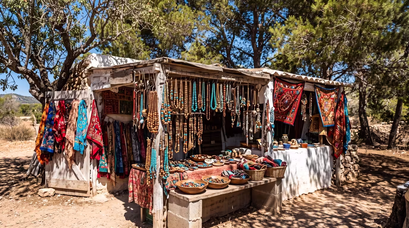A sunlit Ibizan hippie market stall with beads and fabrics