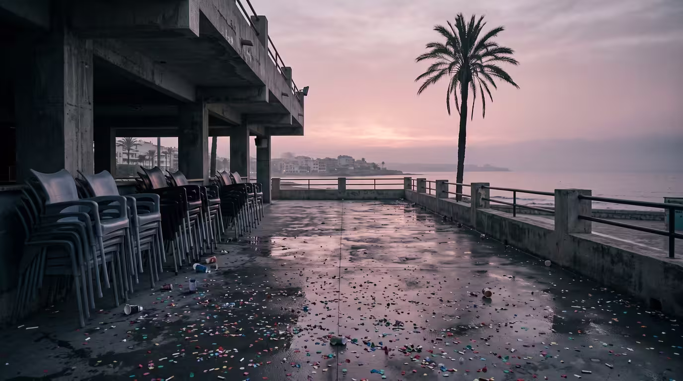 An empty club terrace at dawn with confetti on the floor