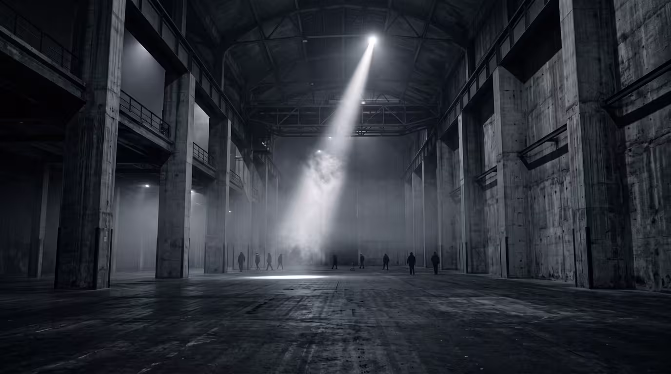 A cavernous concrete hall in fog with a single shaft of light and distant silhouettes