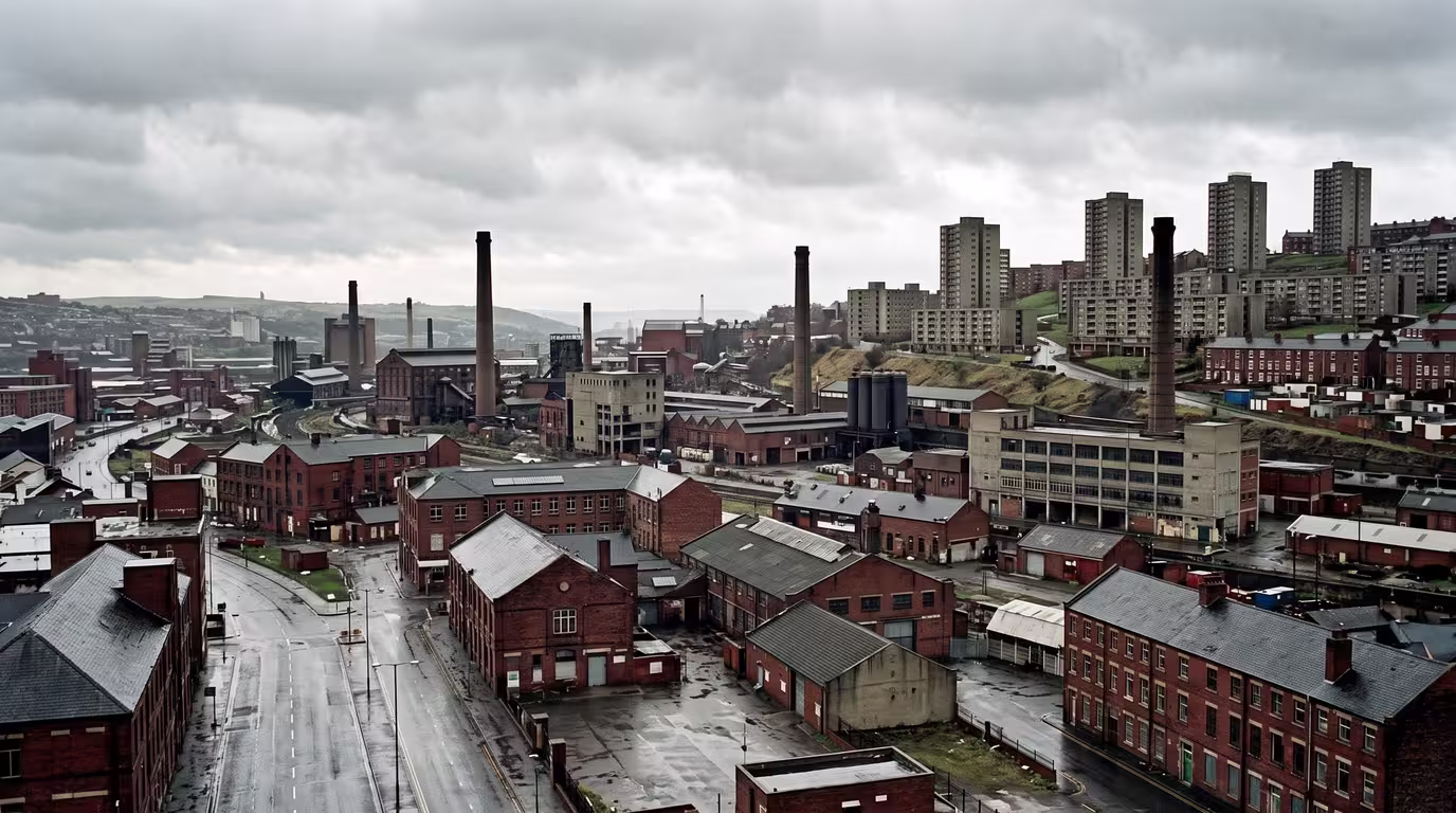 A grey industrial cityscape of Sheffield with old steelworks and tower blocks