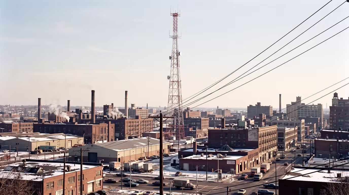 A radio broadcast tower over a wintry industrial city skyline