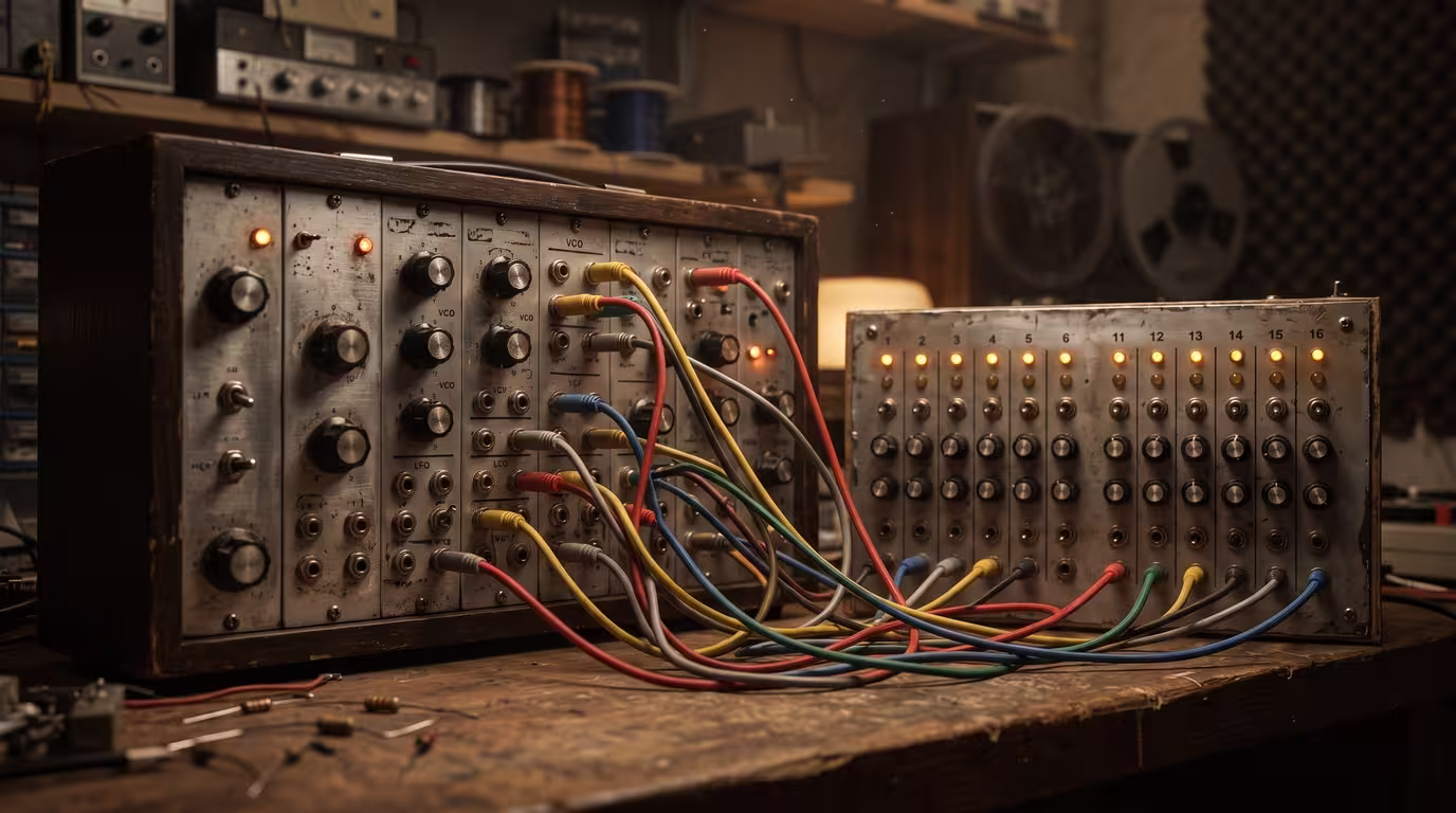 Vintage modular synthesizer and a homemade sequencer with patch cables in a dim studio