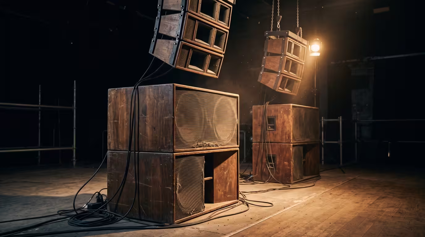Large custom wooden speaker stacks and hanging tweeter arrays in a dark club room