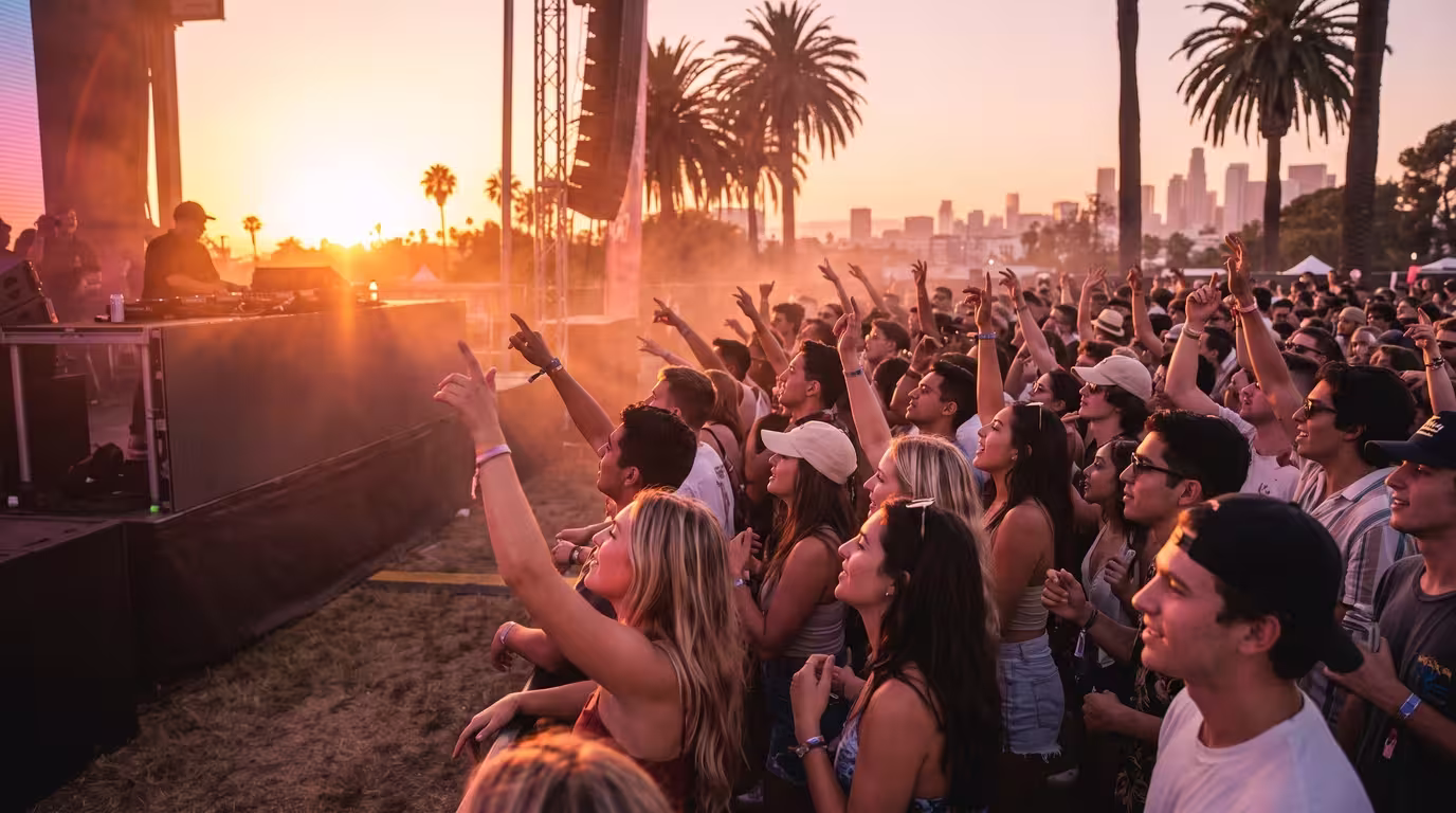 Sunset open-air crowd with raised arms at a melodic house set