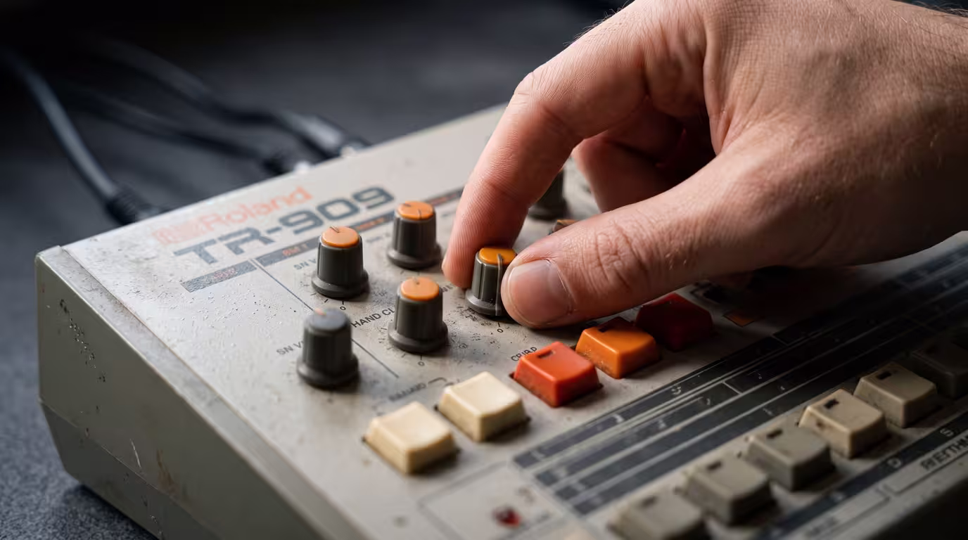 Close-up of a Roland TR-909 drum machine with a hand adjusting a knob