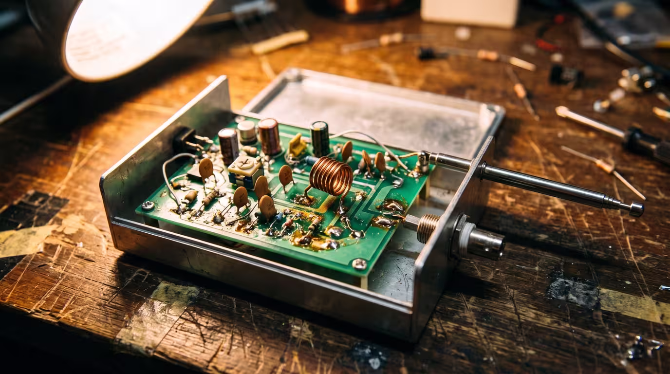 Close-up of a homemade FM transmitter with exposed circuitry and a whip aerial