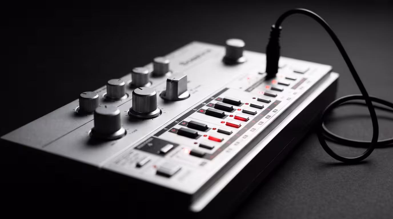 Close-up of a silver bassline synthesizer's knobs and red LED display under hard light