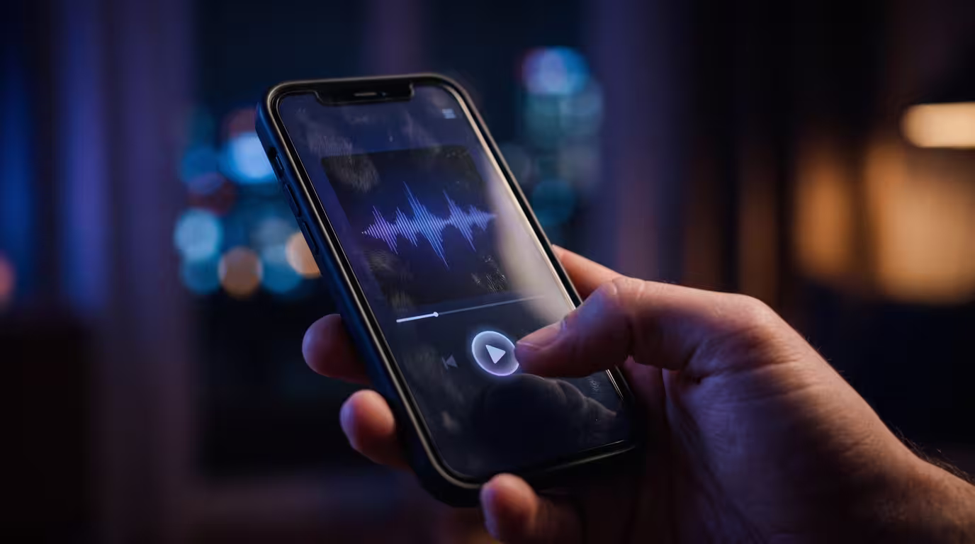 A hand holding a phone showing a music app waveform in a dark room