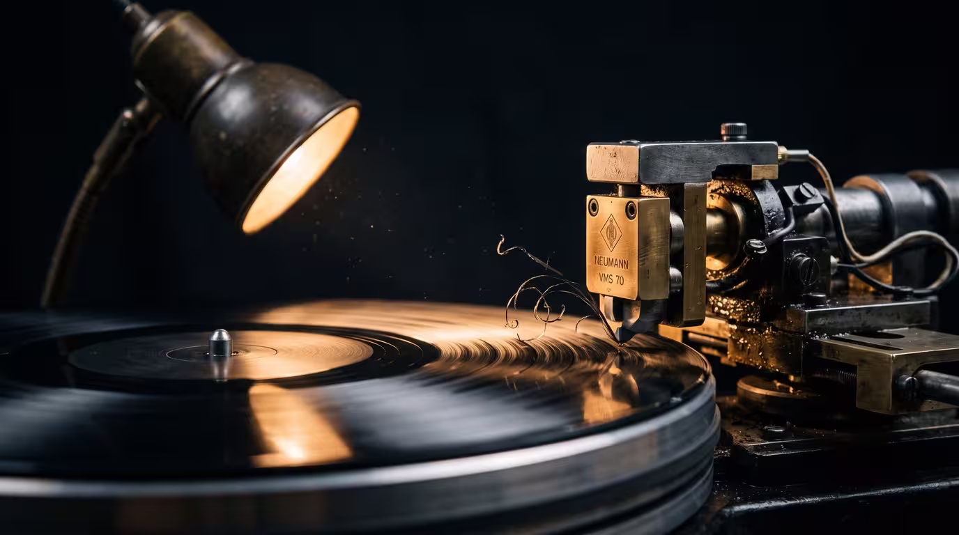A blank acetate disc being cut on a vinyl cutting lathe under a work lamp