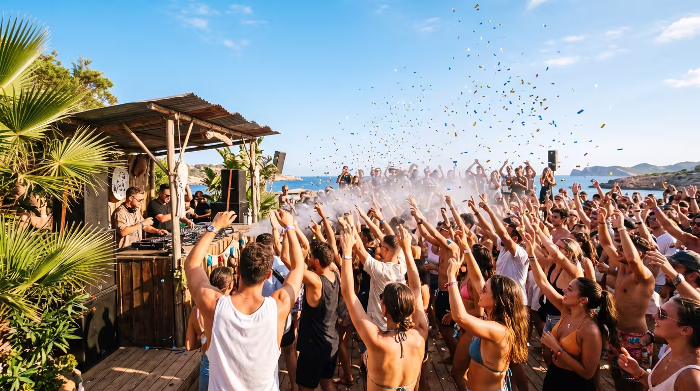 A daytime open-air terrace party crowd dancing with hands raised under a blue sky