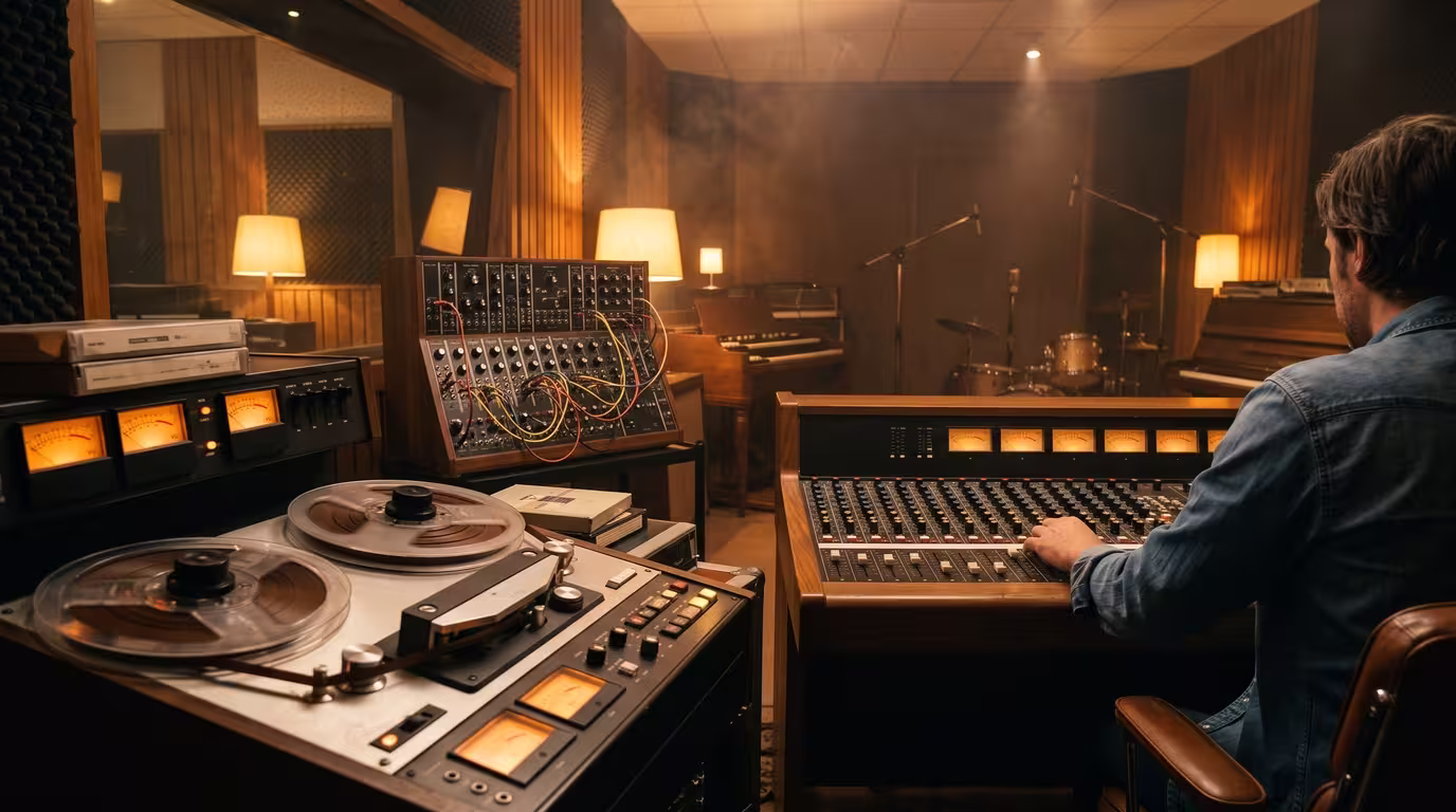 A 1970s studio with a reel-to-reel tape machine and analog synthesizer in warm light
