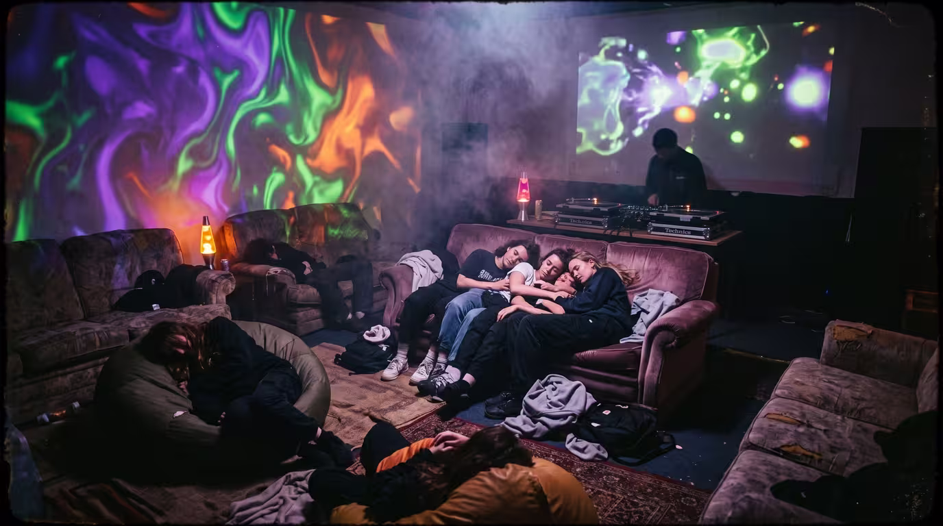A 1990s rave chill-out room with beanbags, projections and lava-lamp colors