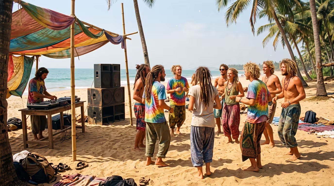 Daytime beach party with travellers dancing on the sand in Goa