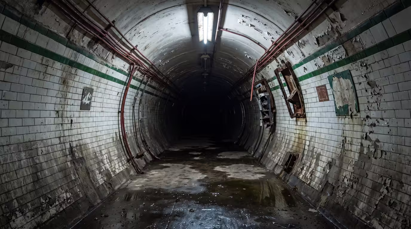 An empty, dimly lit disused Underground tunnel receding into darkness