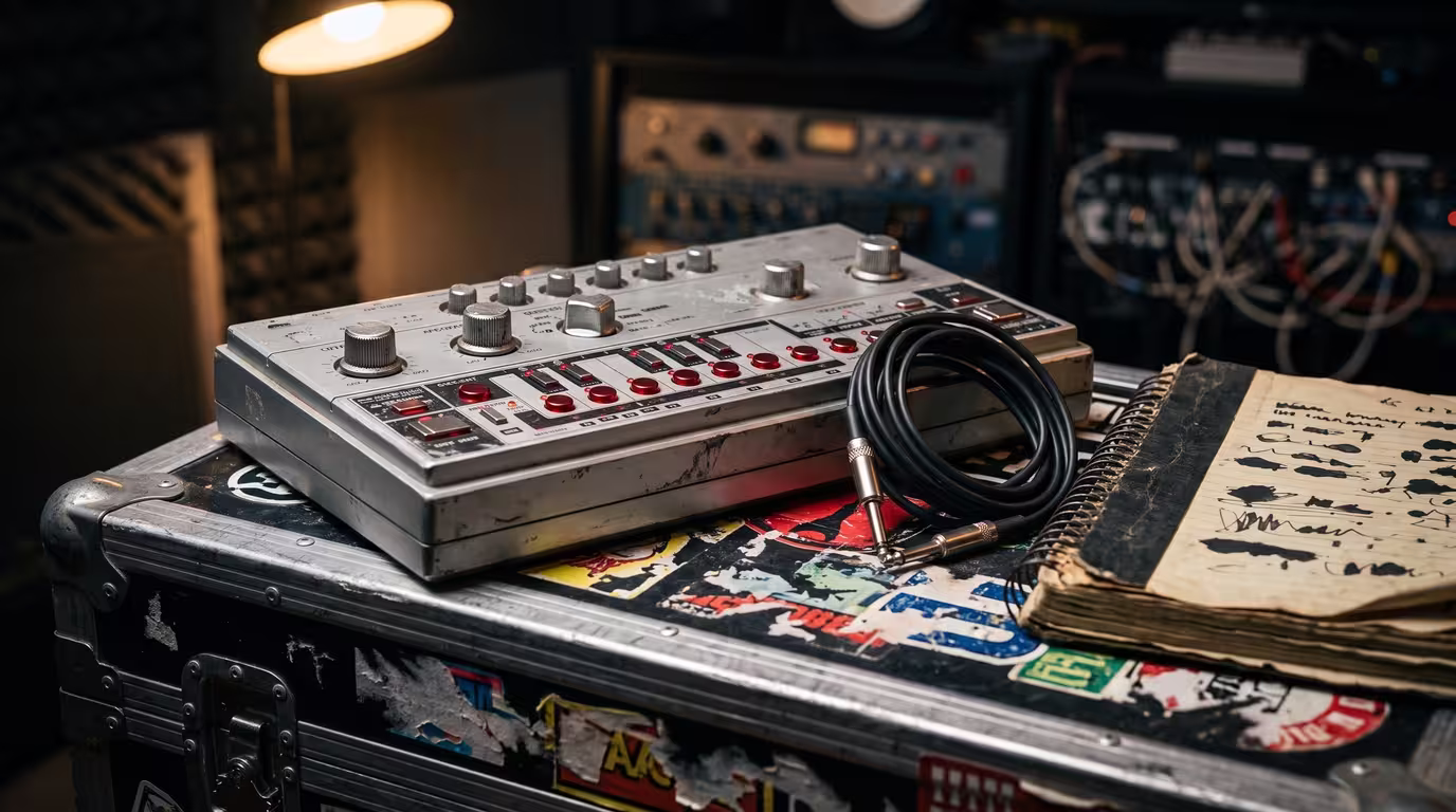 Close-up of a silver Roland TB-303 bass synthesizer on a battered flight case