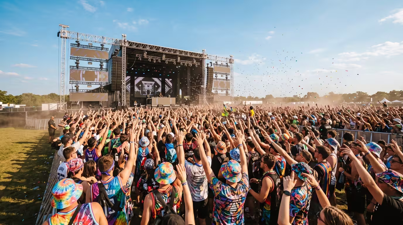 Daytime hardstyle festival crowd under blue sky