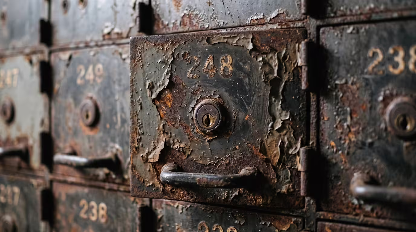Close-up of a rusted steel safe-deposit box door with a keyhole and peeling paint