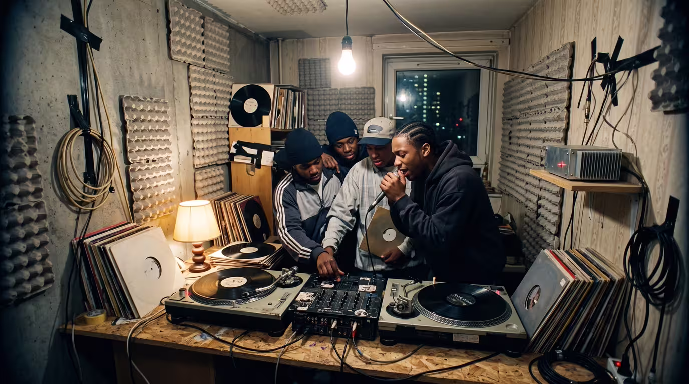 Young MCs gathered around a microphone in a cramped pirate radio studio with turntables and stacked vinyl
