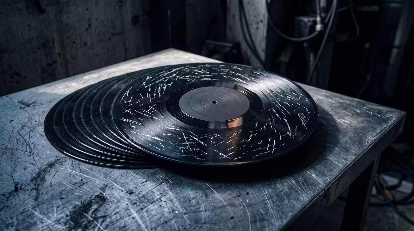 Close-up of black vinyl records on a steel surface with hand-etched runout-groove messages catching the light