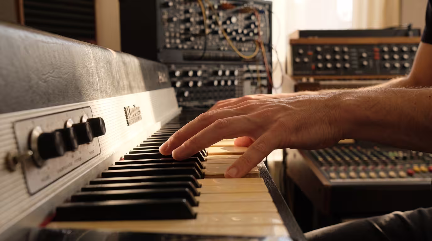 Close-up of hands playing a jazzy chord on a vintage Rhodes electric piano in a warm studio