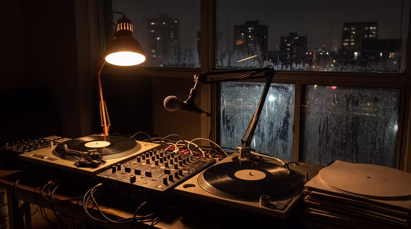 A cramped pirate radio setup with turntables, mixer and microphone lit by a single lamp